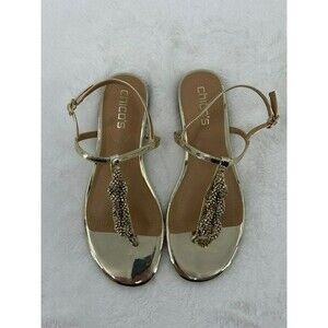 Chicos Women Sandals Size 7.5M Gold Beaded Adjustable Buckle Thong Flat T Strap